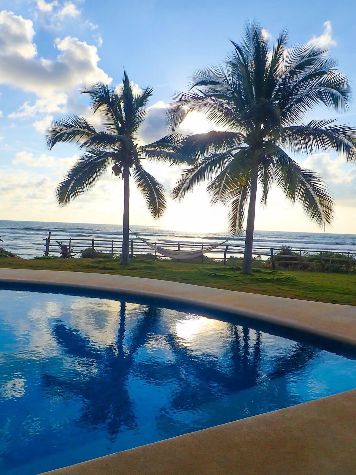 Sunset palms mirrored in the pool